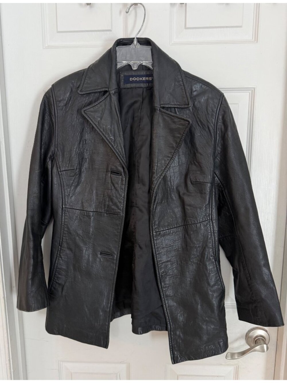 Vintage Dockers Black Leather Button Down Jacket Blazer Coat NO Buttons Women Sm